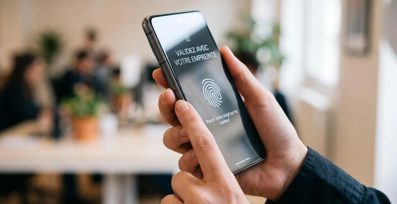 Main validant une opération bancaire par empreinte digitale sur smartphone, écran affichant interface d'authentification biométrique en français