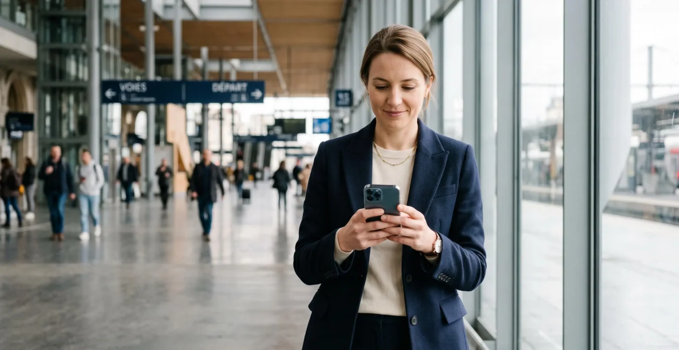 Personne en déplacement consultant l'application bancaire sur smartphone dans un espace public moderne, écran affichant interface de gestion de compte en français
