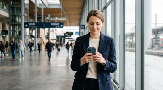 Personne en déplacement consultant l'application bancaire sur smartphone dans un espace public moderne, écran affichant interface de gestion de compte en français