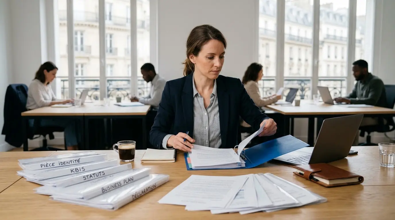Une personne trie sur une table les documents nécessaires à la constitution de son dossier d'ouverture de compte professionnel.