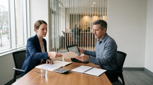 Une dirigeante d'entreprise remet un dossier de documents à un conseiller bancaire lors d'un entretien pour l'ouverture d'un compte professionnel.
