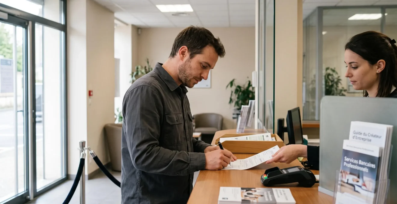 Un micro-entrepreneur signe un document au comptoir d'une agence bancaire pour finaliser l'ouverture de son compte professionnel.